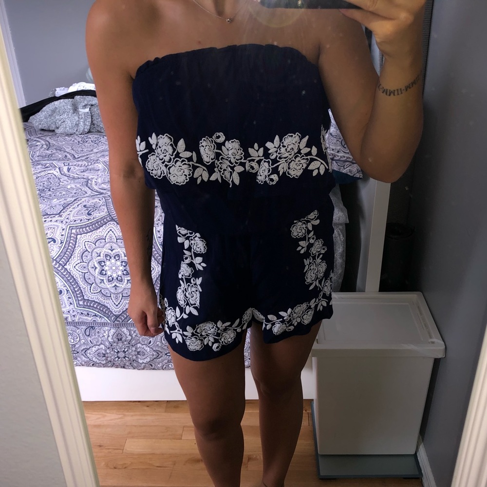 Navy blue and white floral romper